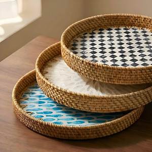 Plateau décoratif bohème en rotin, rond, en fibres végétales, mosaïque florale, multifonctionnel, ensemble d'accessoires pour table basse - Product Image 5