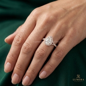 Pear Shape Halo Diamond <b>Ring</b>, Rectangular Pave Halo, <b>Split</b> Shank Diamond Band, Micro Pave Accents, Luxury Engagement <b>Ring</b> - Product Image 3