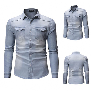 Men's Slim Fit Denim Shirt Long Sleeve Solid Color Turn-<b>down</b> Collar Casual Breathable Washable Full Sleeve Topstitch Design - Product Image 3