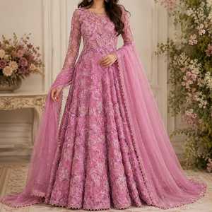 Nuevo Conjunto de Traje Anarkali Rosa con Bordado Floral 3D, Diseño de Diseñador, Dupatta de Tela de Red con Cuentas, Estilo Formal Indio - Product Image 1