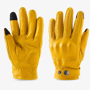 TANVEX Yellow Full Finger Leather Racing <b>Gloves</b> <b>Touchscreen</b> Compatible Tips Adjustable Wrist Strap Button Closure Unisex Outdoor - Product Image 1