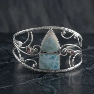 Bracelet manchette en argent sterling 925 avec larimar bleu naturel, motif bohème en spirale, fait main, style statement - Product Image 4