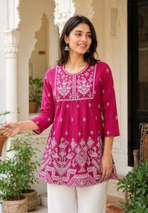 Top Etnico Casual da Donna in Cotone 100% Antipiega con Stampa Geometrica <span class=keywords><strong>Fucsia</strong></span>, Kurti Corto a Tre Quarti per Uso Quotidiano - Product Image 1