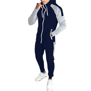<b>Men's</b> <b>Navy</b> Blue Color Blocking Hooded Tracksuit Full Sleeve Zipper Sporty <b>Joggers</b> With Side Pockets Breathable Cotton Material - Product Image 1