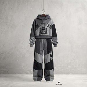 Womens <b>Charcoal</b> Gray Black Patchwork Hoodie Tracksuit Set Rhinestone Graphic Wide Leg Pants Custom Streetwear Trend - Product Image 4
