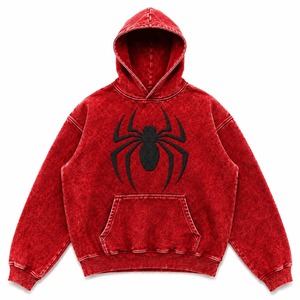 Sweat à capuche d'hiver 100% coton brodé emblème Spider-Man, 400+ GSM, coupe classique, délavé à l'acide, rouge, unisexe, style streetwear vintage - Product Image 1