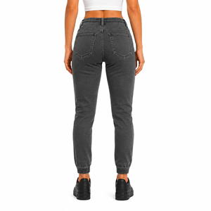 High <b>Waist</b> Dark Grey Skinny Denim <b>Jeans</b> <b>With</b> Drawstring <b>Elastic</b> <b>Waist</b> And Cuffed Hem Casual Women's Full Length Jogger Pants - Product Image 2