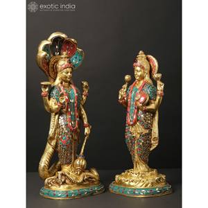 Estatua de Latón de Lakshmi Narayan (Vishnu Lakshmi) de 17 Pulgadas de Exotic India con Intrincados Incrustaciones, Elegante Escultura Artística de la India - Product Image 3