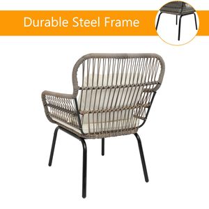 Set Bistrot da Esterno in Vimini Marrone a 3 Pezzi con 2 Sedie, Tavolino Laterale con Piano in Vetro e Cuscini - Ideale per Conversare - Product Image 6