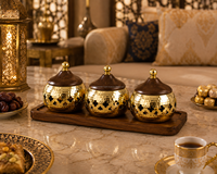 Ensemble de 3 pots en laiton avec couvercles et motifs géométriques, ensemble décoratif traditionnel, plateaux ronds en métal faits à la main