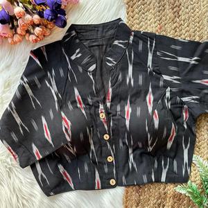 Blusa negra con estampado geométrico y cuello mandarín para mujer, con manga tipo kimono, abotonada, informal, para primavera y verano, corte holgado - Product Image 1