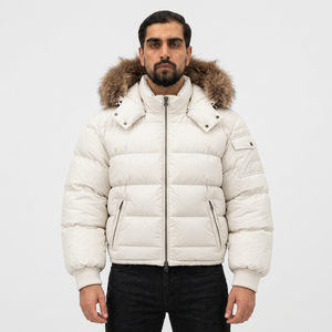 Men's <b>White</b> <b>Puffer</b> <b>Jacket</b> Hooded Fur Trim Cotton Filled Breathable Windproof Casual Winter Wear Loose Fit Zipper Closure - Product Image 1