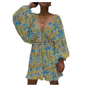 Vestido de Algodón Estampado a Mano de Alta Calidad con Cuello en V Profundo y Mangas Farol para Boda, ¡Gran Venta en Estilo Casual! - Product Image 5