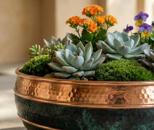 Handmade Rustic Metal Tabletop <b>Vase</b> Round Copper Finish With Succulents And Flowers Decorative Floral Display rough-forged metal - Product Image 3