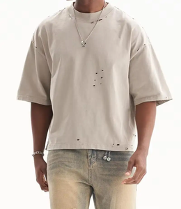 Men Premium Quality Vintage Wash <b>Distressed</b> Casual Covered Button Summer Breathable Eco-Friendly Quick Dry Cropped T-Shirt - Product Image 2