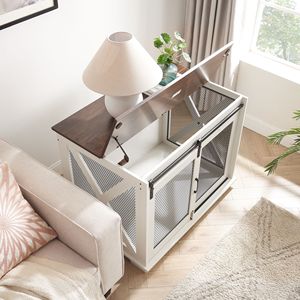 Mesa Auxiliar de Madera Estilo Rústico con Caseta para Perros, Tapa Abatible y Puerta Corredera para Cachorros y Razas Pequeñas - Product Image 5