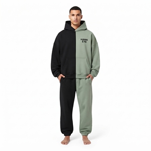Custom Men's Heavyweight Cotton Fleece Tracksuit Contrast Block Two Tone Hoodie And <b>Jogger</b> Relaxed Fit Drop Shoulders Hoodie - Product Image 3
