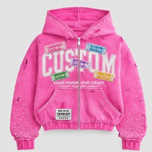 Sweat-shirt à capuche rose personnalisé, fermeture éclair, surdimensionné, imprimé sur le devant avec des strass, unisexe, décontracté, fabricant de sweats à capuche personnalisés - Product Image 1