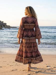 Boho Maxi <b>Dress</b> V-Neck Flare Sleeve Floral Print <b>Loose</b> Fit <b>Summer</b> Beach Wear 100% Silk Breathable Eco-Friendly Casual A-Line - Product Image 3
