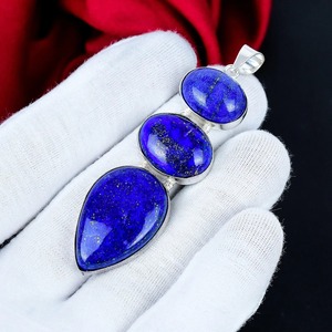 Colgante de Plata de Ley 925 con Triple Piedra de Lapislázuli en Engaste de Bisel, Hecho a Mano por Diseñador, Joyería para Mujer, Venta al por Mayor, Regalo - Product Image 2
