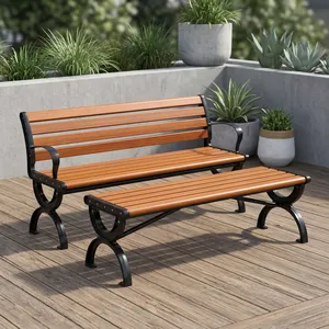 Outdoor Wooden <b>Garden</b> <b>Bench</b> with Matching Footrest Cast Iron Frame Patio Lawn Park Seating Furniture <b>Set</b> - Product Image 3