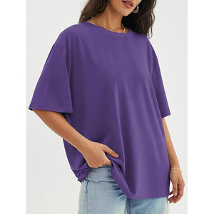 T-shirt ample pour femme, col rond, couleur unie violet, manches courtes, coupe ample, jersey en coton, style décontracté toutes saisons - Product Image 1