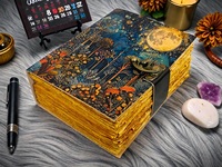 Grimoire en cuir de 400 pages sur le thème de la nuit féerique |   Livre de sorts fait main Moon Tree Life Design, papier vintage à bords festonnés, reliure spirale