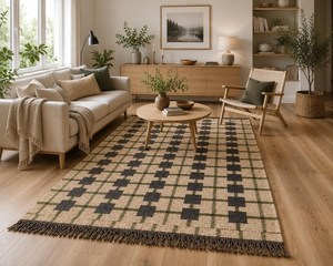 Alfombra Artesanal a Cuadros Verdes de Lana y Yute, Antideslizante, Resistente a las Manchas, de Pelo Corto, Geométrica, Estilo Rústico Moderno Boho para Sala de Estar - Product Image 3
