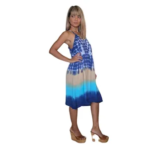 Ethnic Boho Rayon Midi Dress Tie Dye Print Sleeveless V-Neck Blue Beige Vacation Wear for Women - Product Image 3