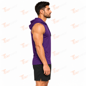 Camiseta sin mangas con capucha para hombre, color morado, de secado rápido, poliéster, deportiva, con logotipo bordado en la parte delantera. - Product Image 3
