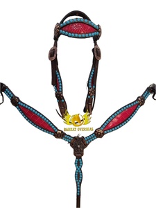Red croc Inlay Turquoise Crystal Leather Horse Tack Set Crystal Conchos Headstall Breast Plate Genuine Leather Lightweight Tack - Product Image 2