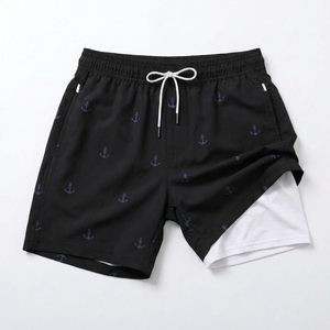 Premium 2-in-1 <b>Men's</b> Board Shorts with Compression Liner Quick Dry Black Anchor Print Swim <b>Trunks</b> Custom Logo 2026 - Product Image 1