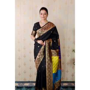 Sari en soie Banarasi noir et multicolore Elite Weaves avec pallu tissé Zari, vêtements indiens et pakistanais doux - Product Image 5