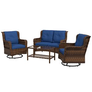 4 pezzi Set di mobili da giardino in Rattan blu con divano e tavolo con sedie a dondolo girevoli per la conversazione e il relax - Product Image 1
