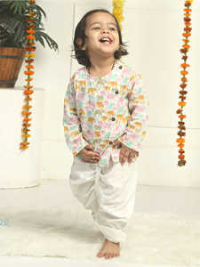 Kurta pour garçons à imprimé éléphant avec pantalon Dhoti blanc, tenue ethnique traditionnelle pour enfants, vêtements de fête pour mariage, ensemble confortable - Product Image 4