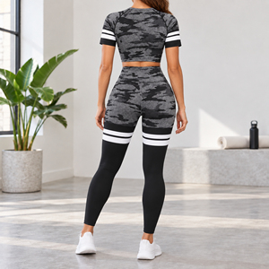 Grey Camouflage Print Half Sleeve Crop Tee <b>Scrunch</b> Shorts Thigh High Stripe <b>Leggings</b> Ladies Streetwear Athleisure Gym Outfit Set - Product Image 2