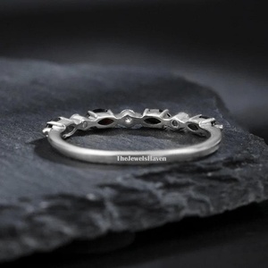 Marquise cut Moissanite wedding band Unique Black Onyx Half eternity <b>ring</b> Yellow Sterling <b>Silver</b> wedding band <b>stacking</b> matching - Product Image 2