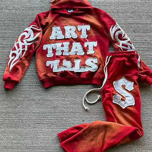 Custom Made Distressed Logo High Street Fashion Hoodie <b>Sun</b> Fade Effect Pullover Sweatshirt with Joggers Streetwear Tracksuit Set - Product Image 1
