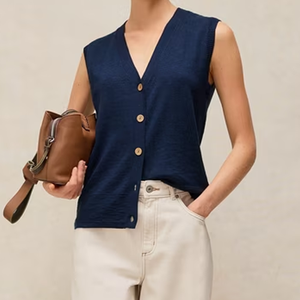 Gilet sans manches en tricot pour femme, col en V, couleur unie, fermeture à boutons, vêtement d'automne, 100% coton, style minimaliste - Product Image 5