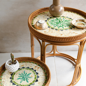 Wholesale Vietnam Handwoven Wicker Shell Inlay Rattan Serving Tray Side <b>Table</b> for Home Decor - Product Image 2