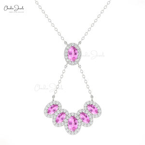 Collar de zafiro rosa ovalado de 2.47 CTW con halo de diamantes, listo para enviar, en oro blanco fino de 14k, ideal para fiestas, para mujer. - Product Image 1
