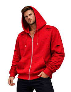 Sweat à capuche unisexe rouge déchiré avec fermeture éclair, effet vintage, en molleton, style streetwear, coupe oversize, poches, impression numérique - Product Image 1