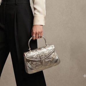 <b>Evening</b> Bag Hand Engraved Silver Tone Metal Envelope Shape Handbag Acanthus Scroll Handle <b>Red</b> Velvet Lining Floral Embroidery - Product Image 1