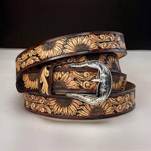 Ceinture de Rodeo Western Authentique pour Hommes et Femmes, en Cuir de Vachette Pleine Fleur Perlé et Gravé, Imprimé par Transfert Thermique, Style Vintage, Boucle en Acier - Product Image 4