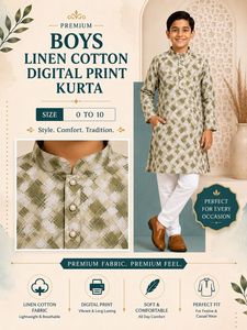 Conjunto de Kurta y Pijama para Niños, Lino y Algodón, Estampado Digital, Verde Oliva, Geométrico, Étnico, Ropa Festiva India, Sin Arrugas - Product Image 2
