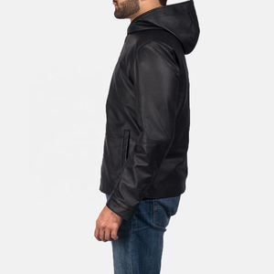 Blouson moto pour homme en cuir véritable noir, à capuche, fermeture éclair sur le devant, coupe classique, pour l'hiver, col montant, imperméable et coupe-vent - Product Image 5