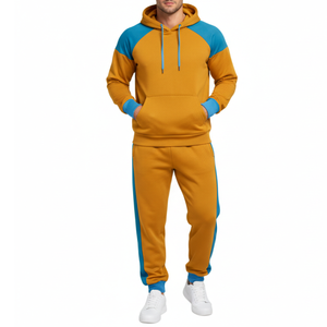 Conjunto Deportivo Raglán para Hombre en Amarillo Mostaza y Azul Cielo con Puños en Contraste – Sudadera con Capucha y Pantalón de Dos Piezas con Logotipo Personalizado - Product Image 1