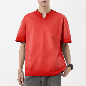 T-shirt décontracté à col en V surdimensionné pour homme, manches courtes, gris uni, tricoté - Product Image 4
