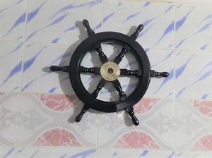 Natural <b>Wood</b> Handcrafted Ship Wheel with Brass <b>Anchor</b> Inlay and Rivets Ocean Maritime Nautical Navy Wall Decor - Product Image 5