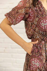 Vestido Midi de Gasa con Estampado Floral, Cuello en V, Manga Corta, Estilo Boho, Corte en A, Ajuste Holgado, Cintura Imperio, para Uso Diario, Vestido Casual de Verano - Product Image 4